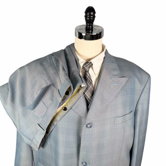 Believe 3pc Suit 50XL Three Button Blue Plaid Vest Pleated Pants 43x33 Formal - Picture 1 of 16